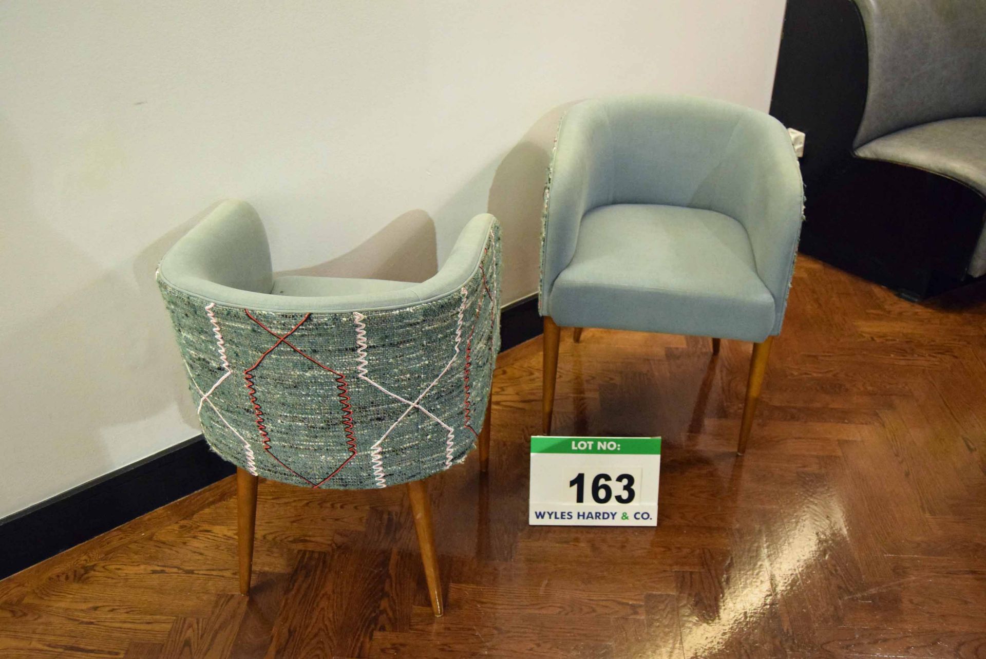 A Pair of Timber Framed Tub Style Salon Chairs Upholstered in Pale Blue Fabric to Seat Area with