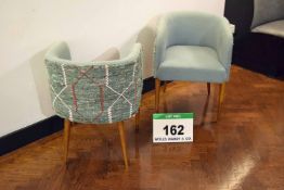 A Pair of Timber Framed Tub Style Salon Chairs Upholstered in Pale Blue Fabric to Seat Area with