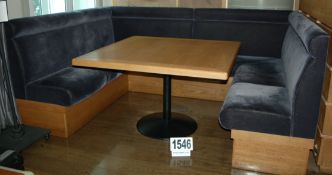 A Free Standing Timber Framed 'C' Shaped Banquette Seating Unit with Blue Velour Upholstered Fixed