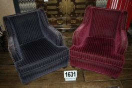 A Red Striped Velour Upholstered Lounge Arm Chair and a Black Striped Velour Upholstered Arm Chair