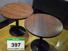 A Pair of 600mm dia. Dark Stained Timber Circular Low Pedestal Coffee Tables on Heavy Steel Pedestal