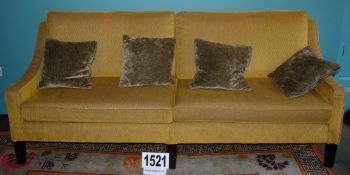A Gold Fabric Upholstered 3--Seater Settee with Removable Back and Seat Cushions and 4: Brown Fabric