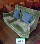 A Green Buttoned Velour Upholstered 2-Seater Settee with Removable Seat Cushions and Two Blue Fabric