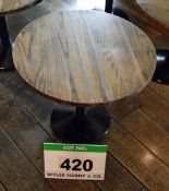 A 600mm dia. Mid Oak Stained Plank Topped Low Pedestal Table with Inset Twin Metal Bands on a