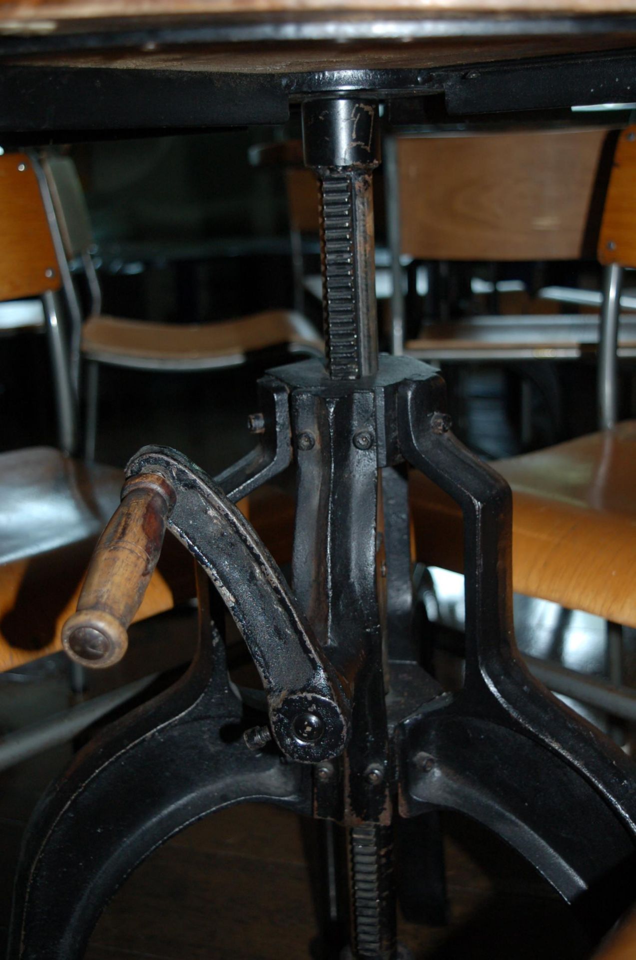 A Vintage Industrial Style Heavy Plank Topped Circular Table 690mm Diameter on a Rack and Pinion - Image 2 of 2