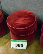 A Red Velour Upholstered Muffin Topped Pouffe