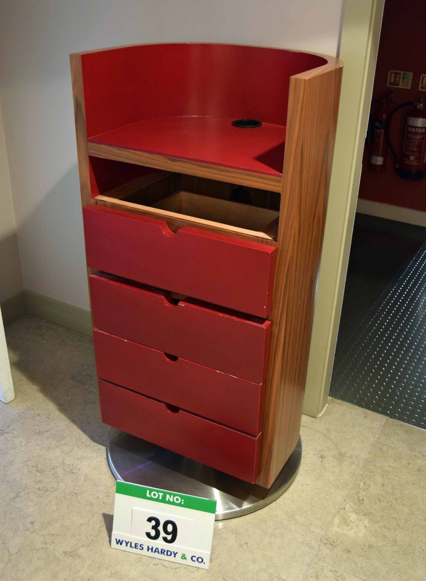 A Mid Oak Veneer Curved Lectern having 2-fitted Drawers and Spun Stainless Steel Base with