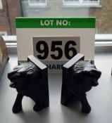 A Pair of Carved Wood Lions Head Book Ends