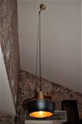 A Beaten Metal Pendant Light Having Brown Painted Lower Section Under Turned Brass Top Section