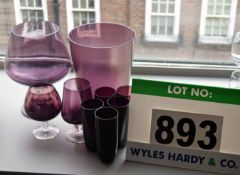 Five Purple Tinted Glass Tumblers with Three matching glasses and matching Vase