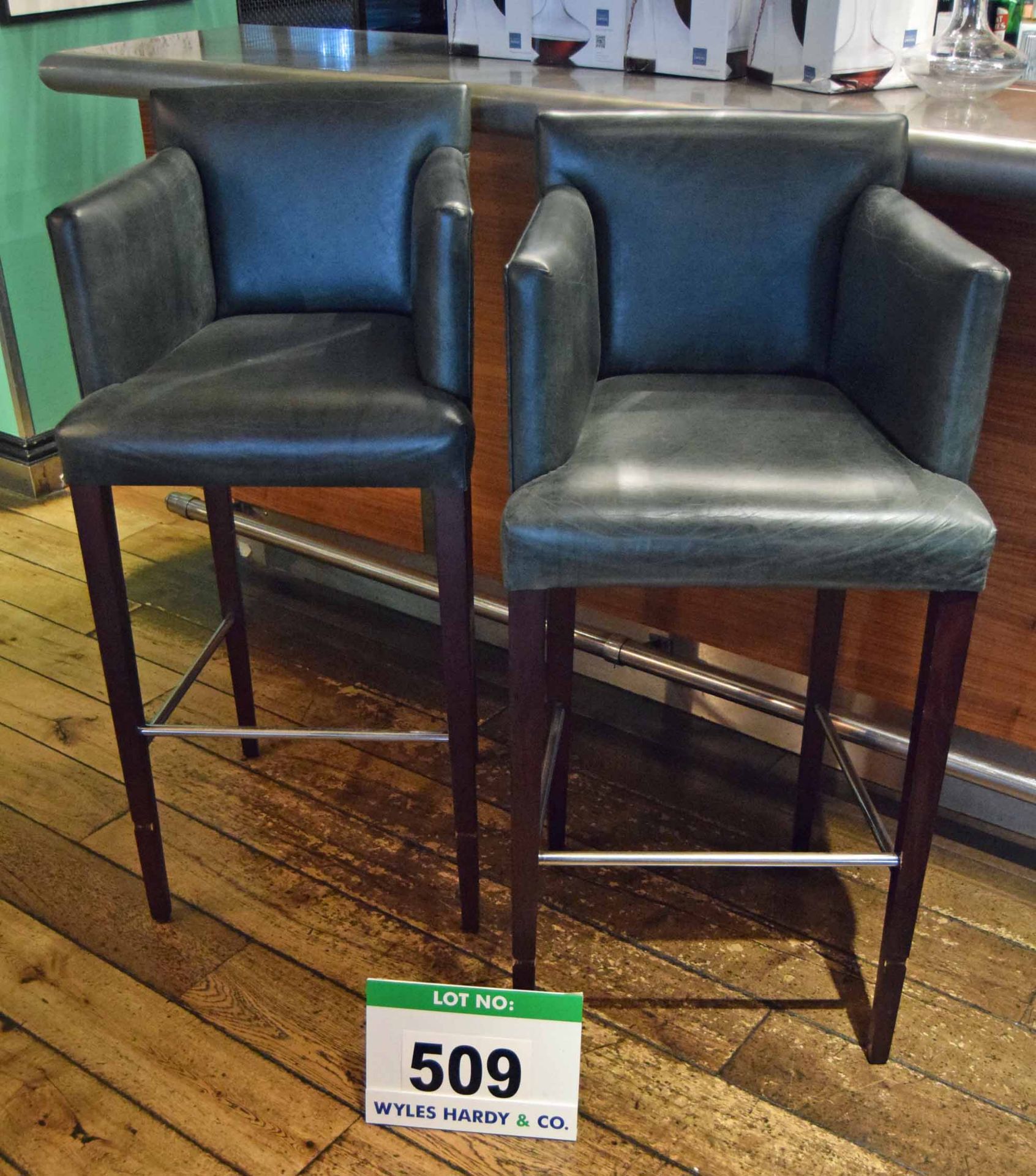 A Pair of Grey Leather Upholstered Tub Style Armchair Bar Stools on Square Section Tapered