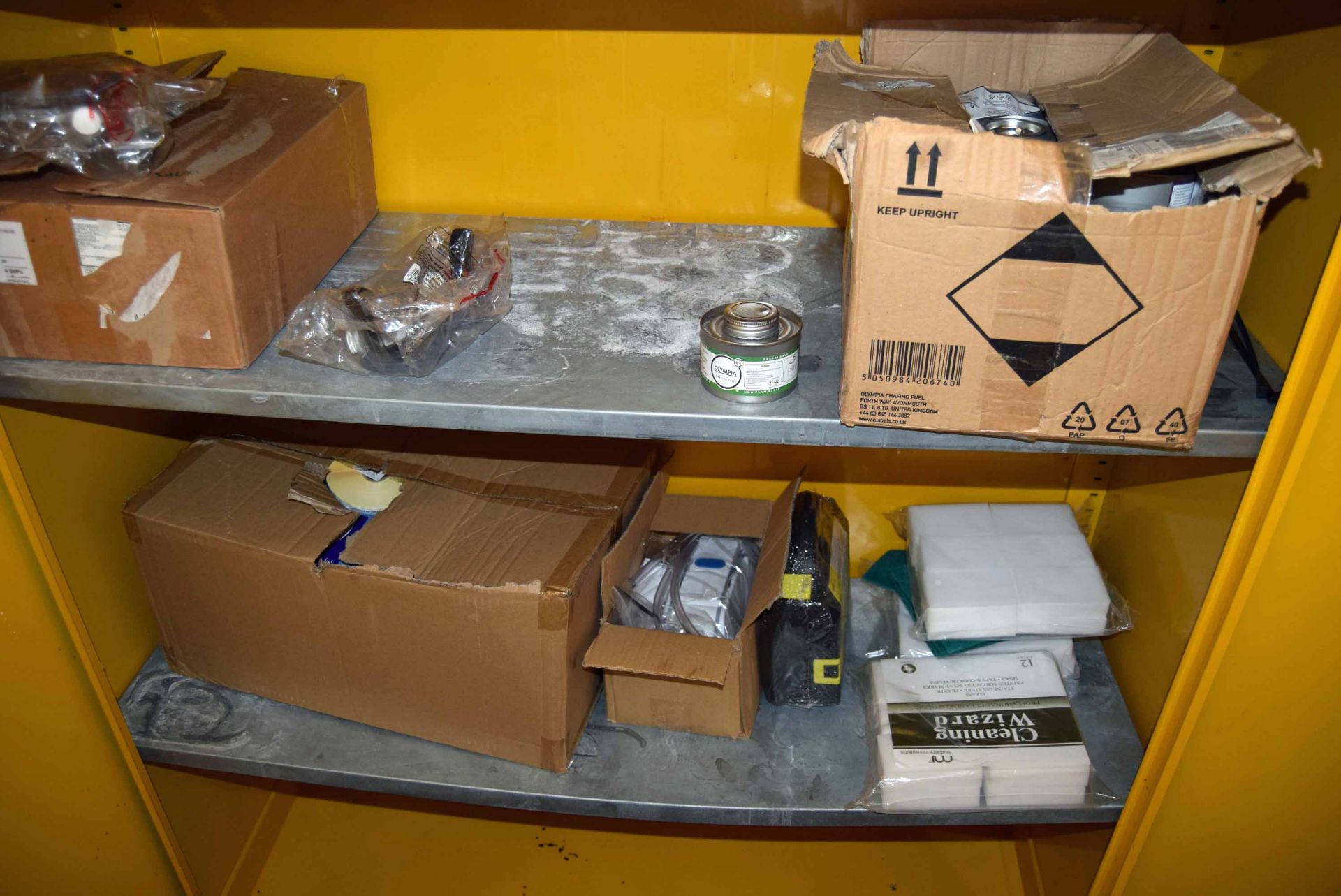 A Yellow Steel Tall Double Door Storage Cabinet and Contents of PPE, Fire Blankets, Cleaning - Image 3 of 4