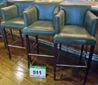 Three Grey Leather Upholstered Tub Style Armchair Bar Stools on Square Section Tapered Rosewood