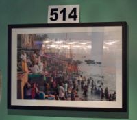 A 675mm x 480mm Framed and Glazed Print depicting a Scene on the Banks of the River Ganges