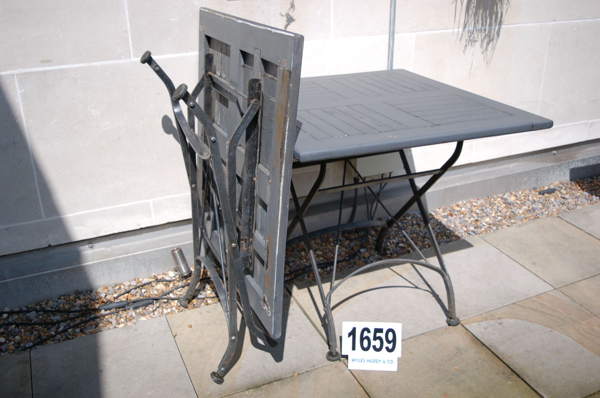 2: Grey Painted Timber Topped Patio/Balcony Tables on Folding Black Steel Legs