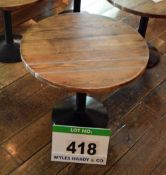 A 600mm dia. Mid Oak Stained Plank Topped Low Pedestal Table with Inset Twin Metal Bands on a