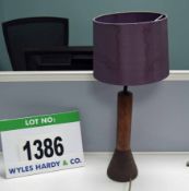 A Turned Wooden Desk Lamp with Mauve Drum Shade (NB: Water Damage to Shade Noted)