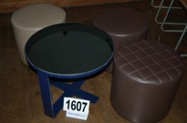 A Blue Painted Metal Framed Low Circular Mirror Topped Table with 3: Various Brown Vinyl Upholstered