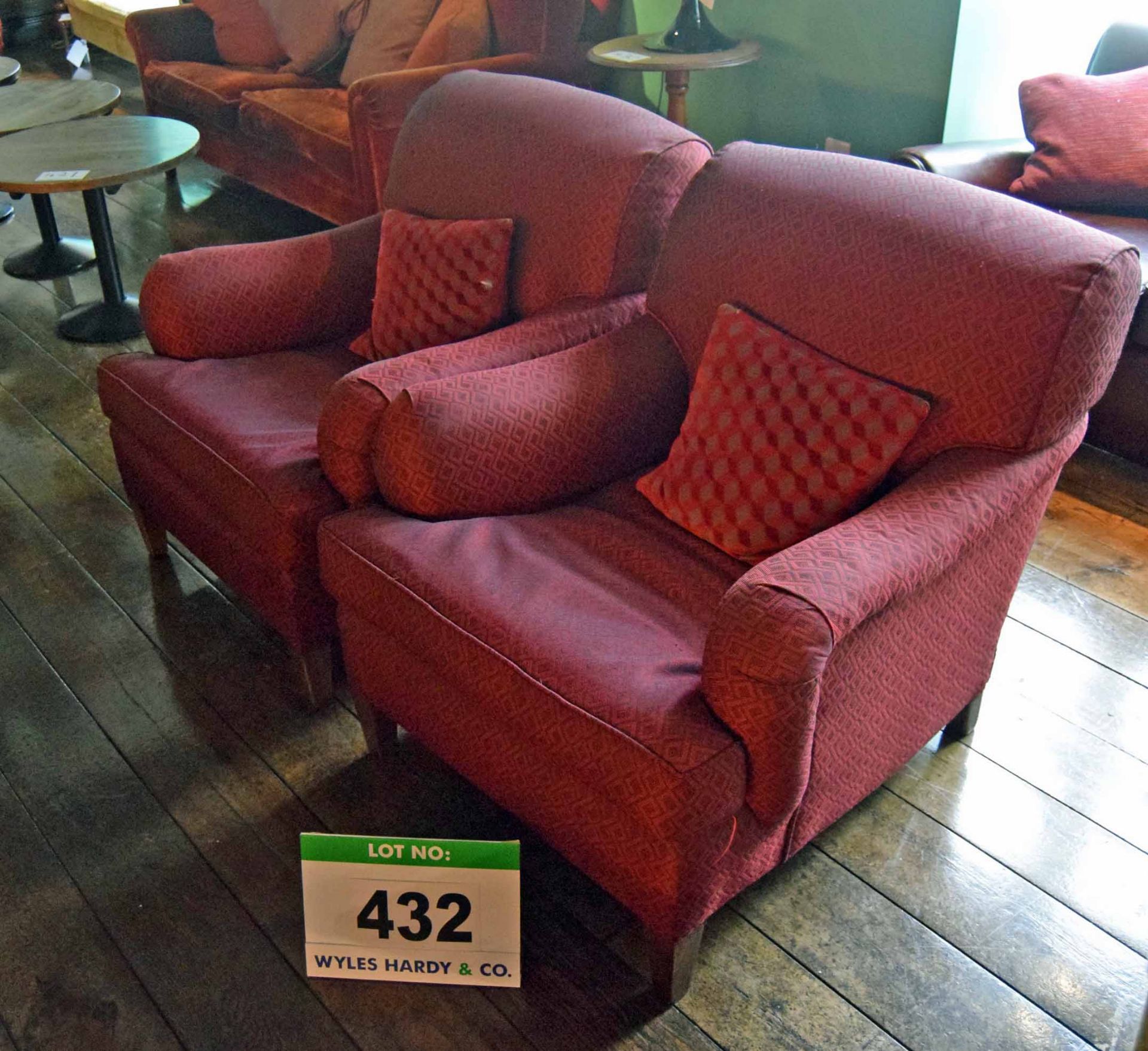 Two Red Patterned Fabric Upholstered Lounge Chairs with Removable Seat Cushion and Red/Grey