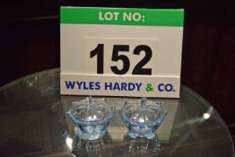 A Pair of Blue Glass Condiment Bowls with matching Lids