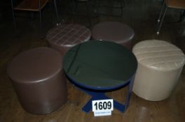 A Blue Painted Metal Framed Low Circular Mirror Topped Table with 4: Various Brown Vinyl Upholstered