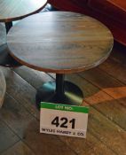 A 600mm dia. Mid Oak Stained Plank Topped Low Pedestal Table with Inset Twin Metal Bands on a