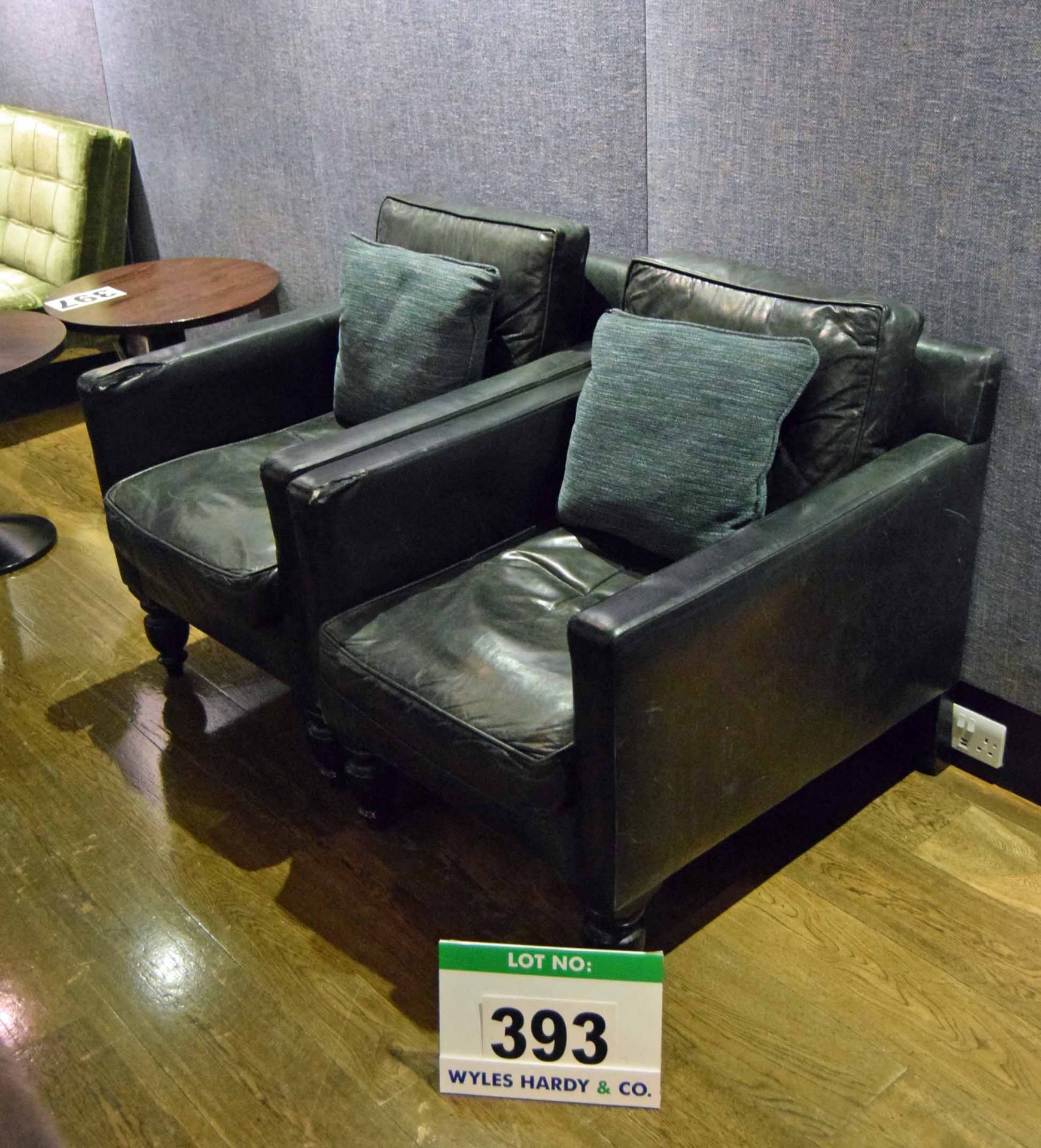 A Pair of Blue/Black Leather Upholstered Tub Style Square Framed Lounge Chairs on Turned Wooden Legs