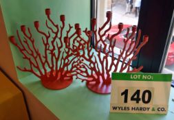 A Pair of Orange Painted Cast Alloy Coral Form Candle Holders each with Seven Candle Cups