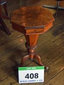 An Antique Teak Sewing Table on Carved 3-Legged Base with Walnut Veneer Hinged Top and Decorative
