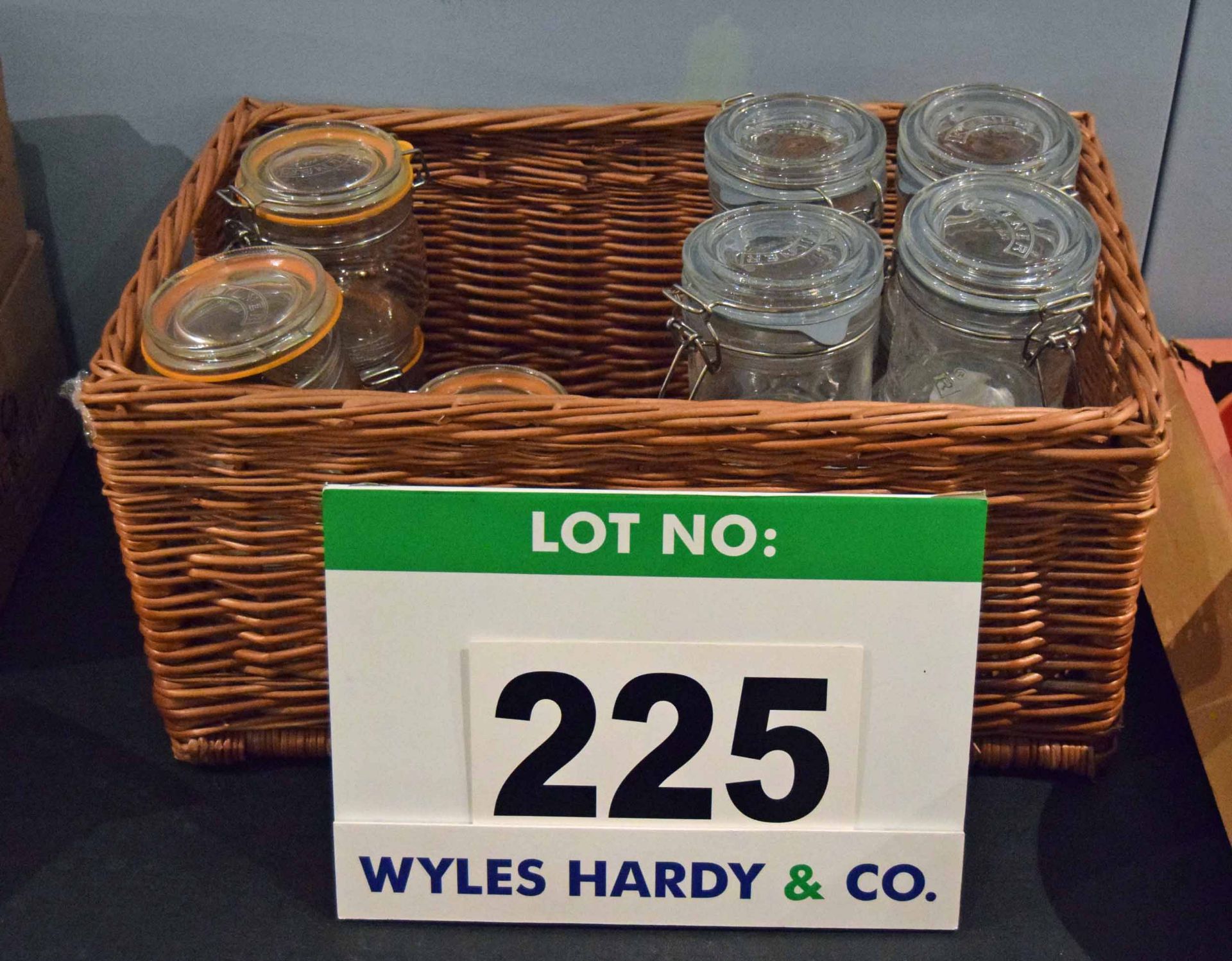 Thirteen Various KILNER Jars in a Wicket Basket