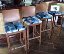 4: Mahogany Stained Timber Framed Bar Stools with Blue/Black/Grey /White Geometric Pattered Velour