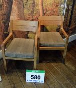 A Pair of Timber Framed Side Armchairs with Brown Patterned Fabric Seat Cushions
