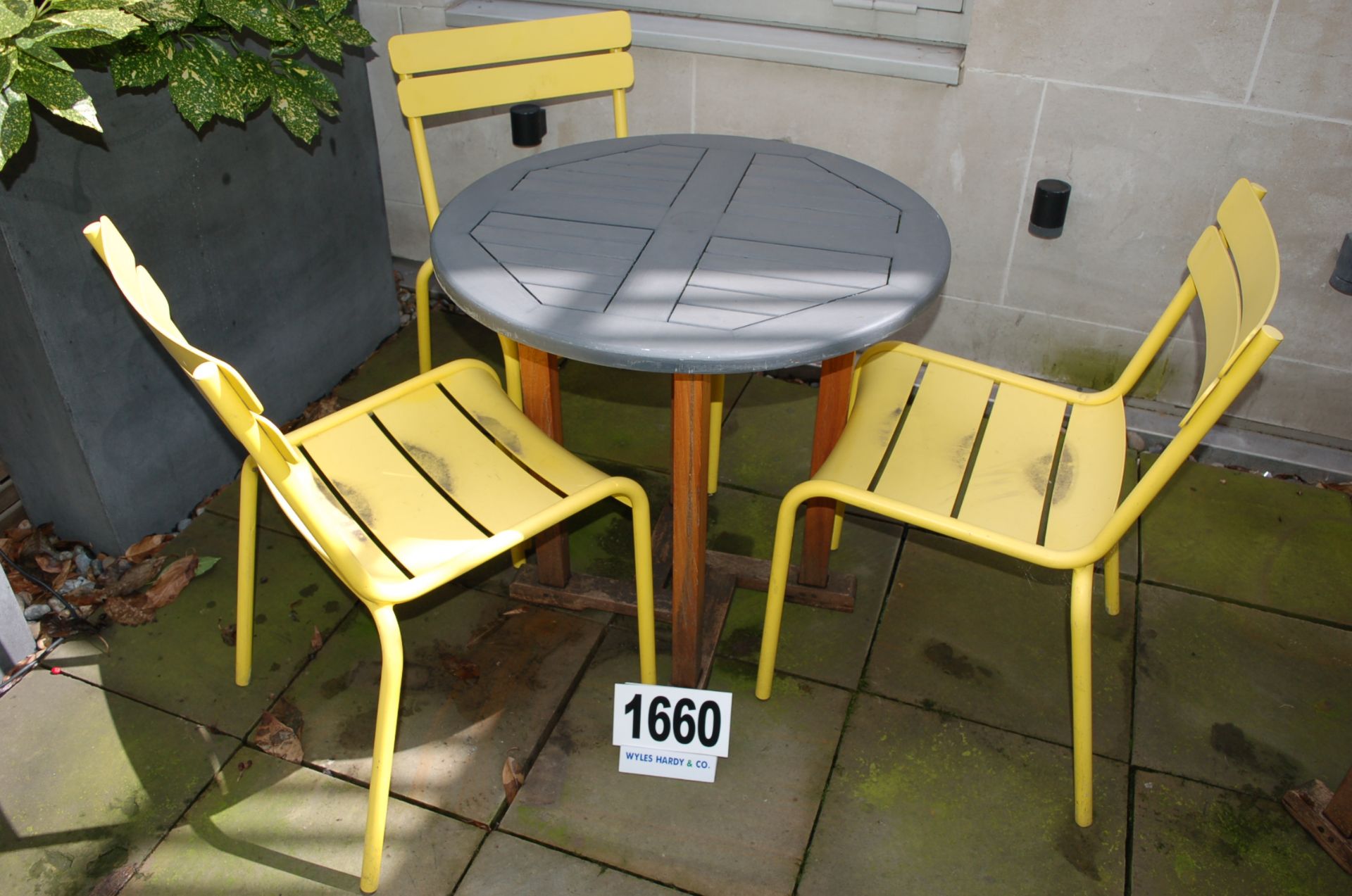 A Grey Painted Circular Topped Timber Patio/Balcony Table on Sapele Finish 4-Legged Base - 750mm