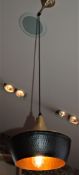 A Beaten Metal Pendant Light Having Brown Painted Lower Section Under Turned Brass Top Section