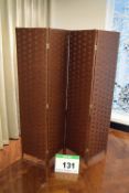 A Brown Stained Woven String 4-Section Folding Free Standing Screen