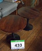 Two 600mm dia. Dark Wood Stained Circular Low Pedestal Coffee Tables on Black Painted Heavy Steel