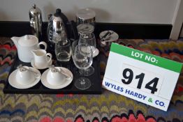 A Black Lacquered Square Tray with ELIA Orientik White Ceramic Teapot and Cream Jug, Two ORION