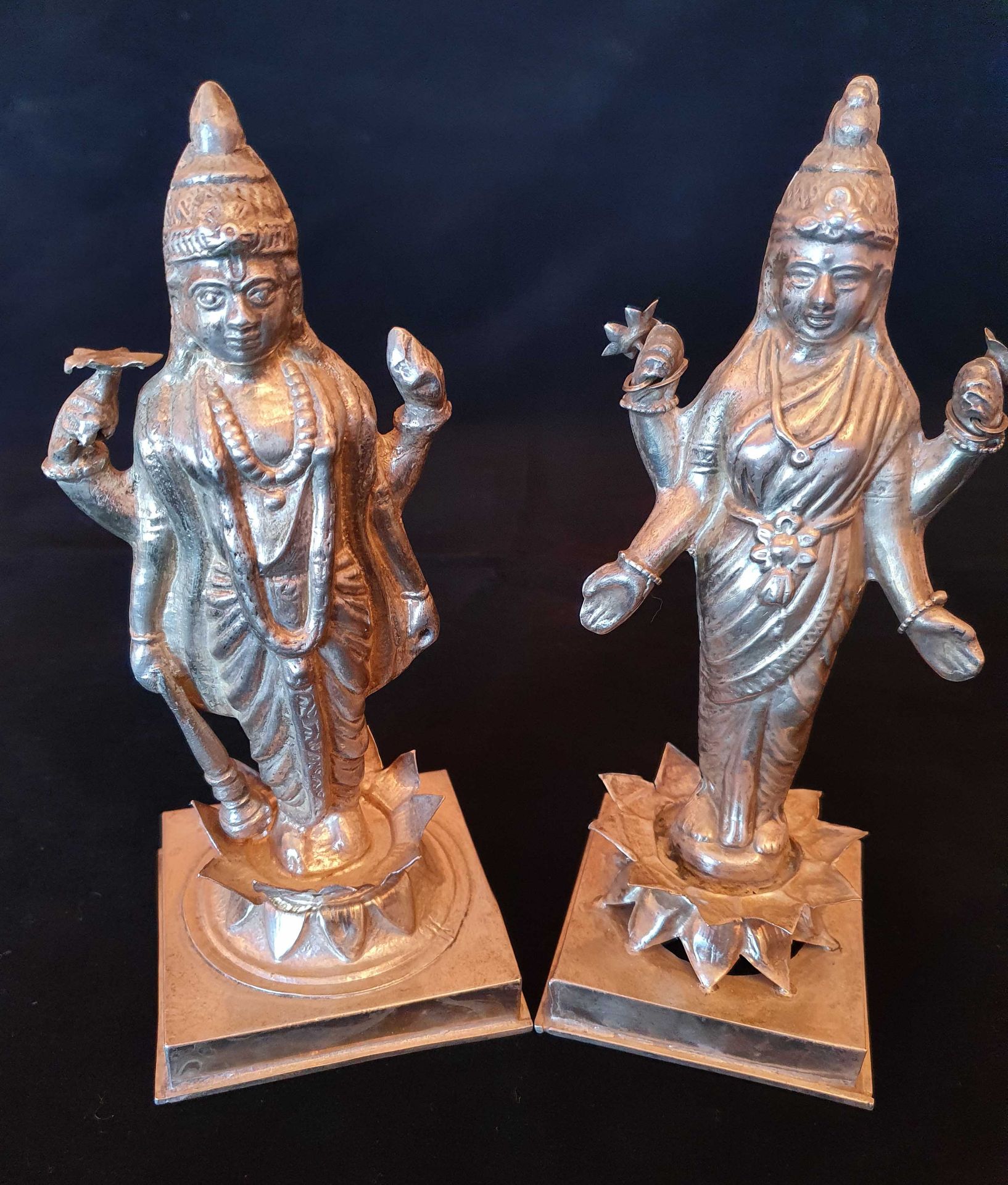 Two 19cm High White Metal Figurines of Hindu Deities, Stamp marked T100 to Base