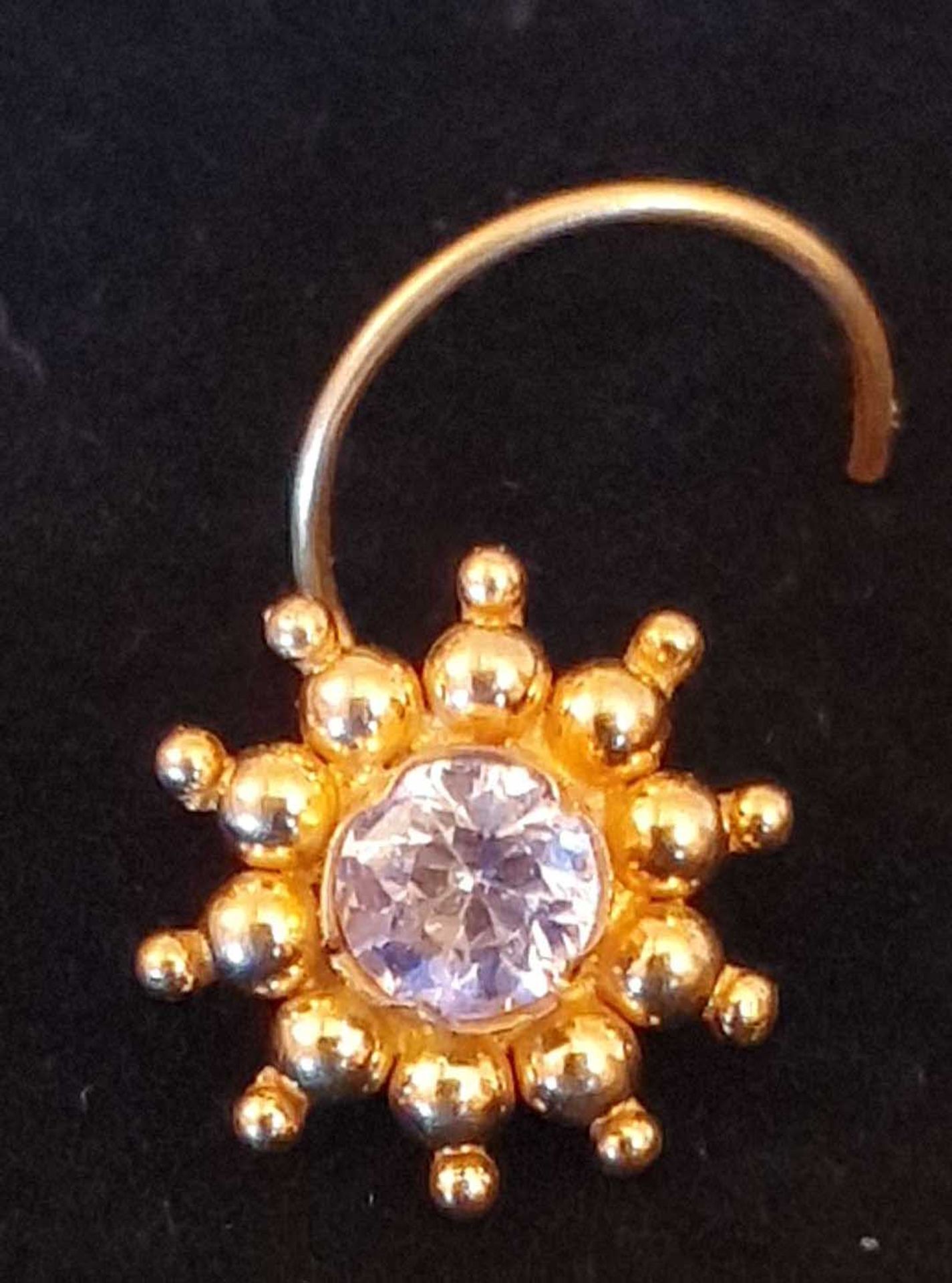 Gold Metal Nose Ring of Sun Burst Form, Set Pink Cut Stone, 0.455 grams and A Gold Coloured Metal - Image 2 of 3