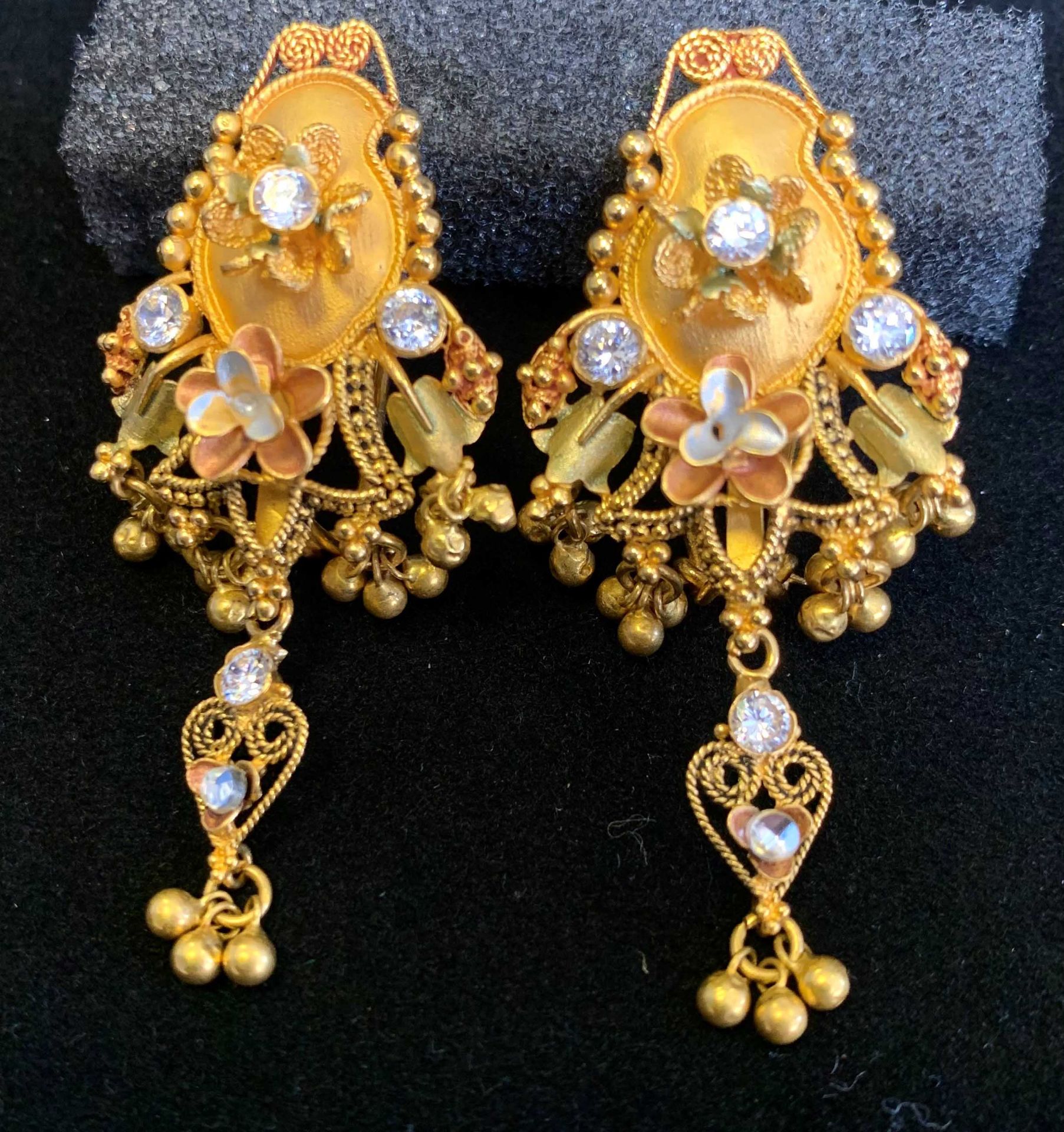 Pair of Ladies Pierced Ear Ornate Earrings, Gold Set 22 Carat .916 Sheffield Assay Mark 23.105