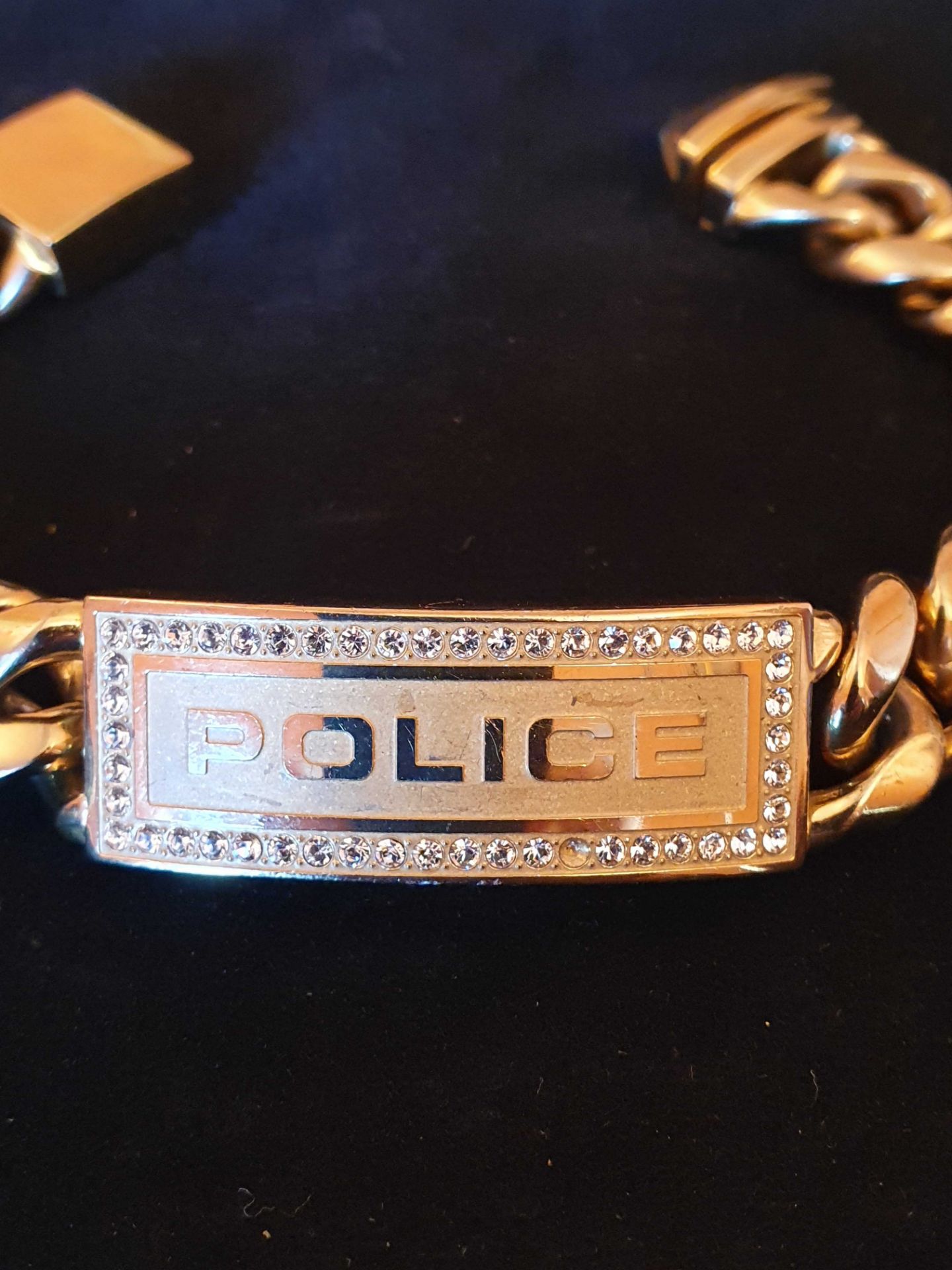 POLICE Brand Gold Coloured Metal Heavy Chain Link Men’s Bracelet. NB. 1 Stone Missing from - Image 2 of 3