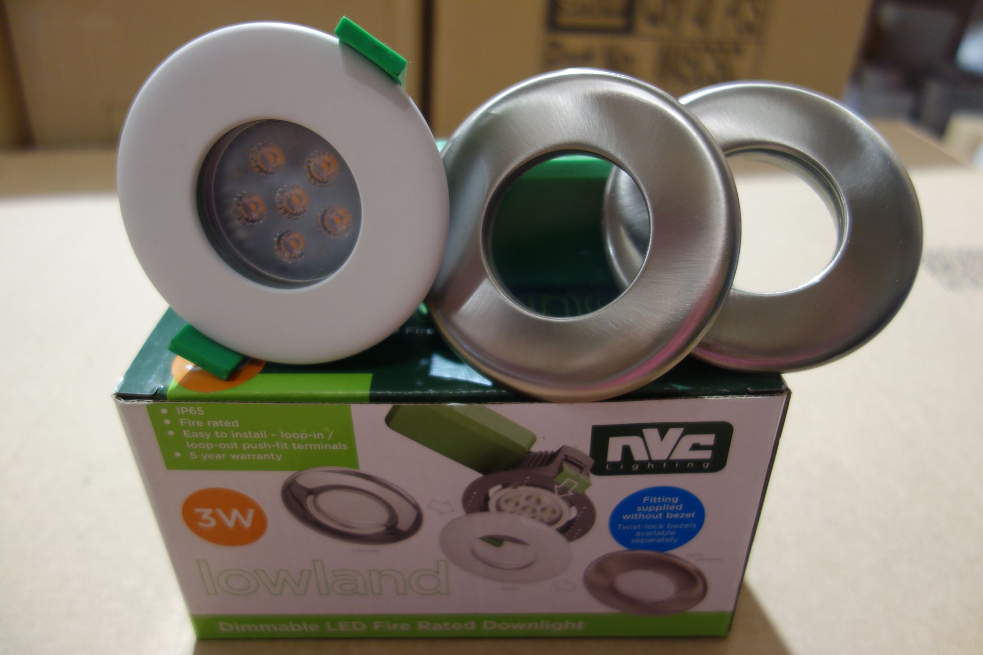 40 X NVC NLW3/MD/830 Lowland 3W LED Fire Rated Dimmable Downlights C/W Satin Chrome + White Bezels