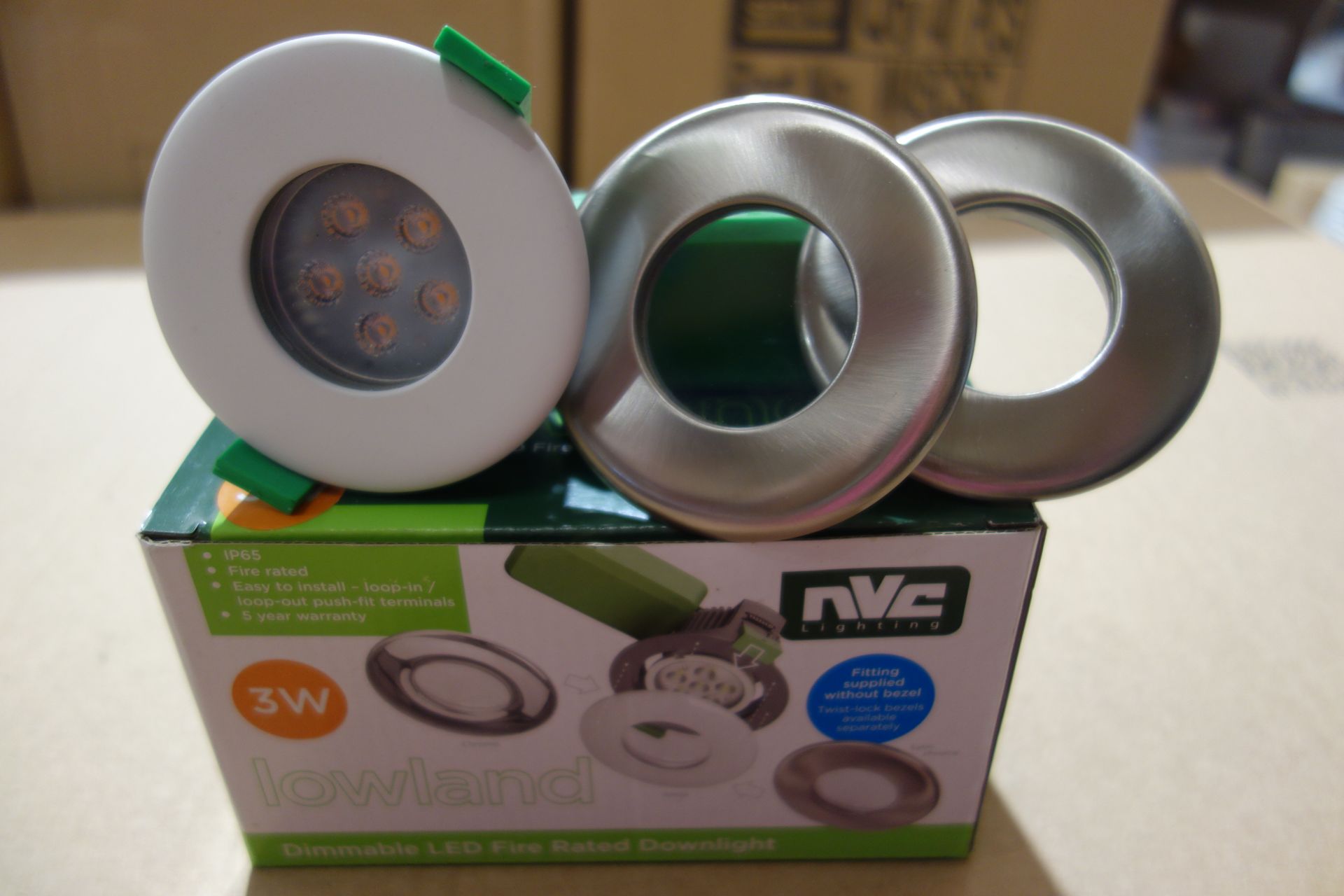 40 X NVC NLW3/MD/830 Lowland 3W LED Fire Rated Dimmable Downlights C/W Satin Chrome + White Bezels