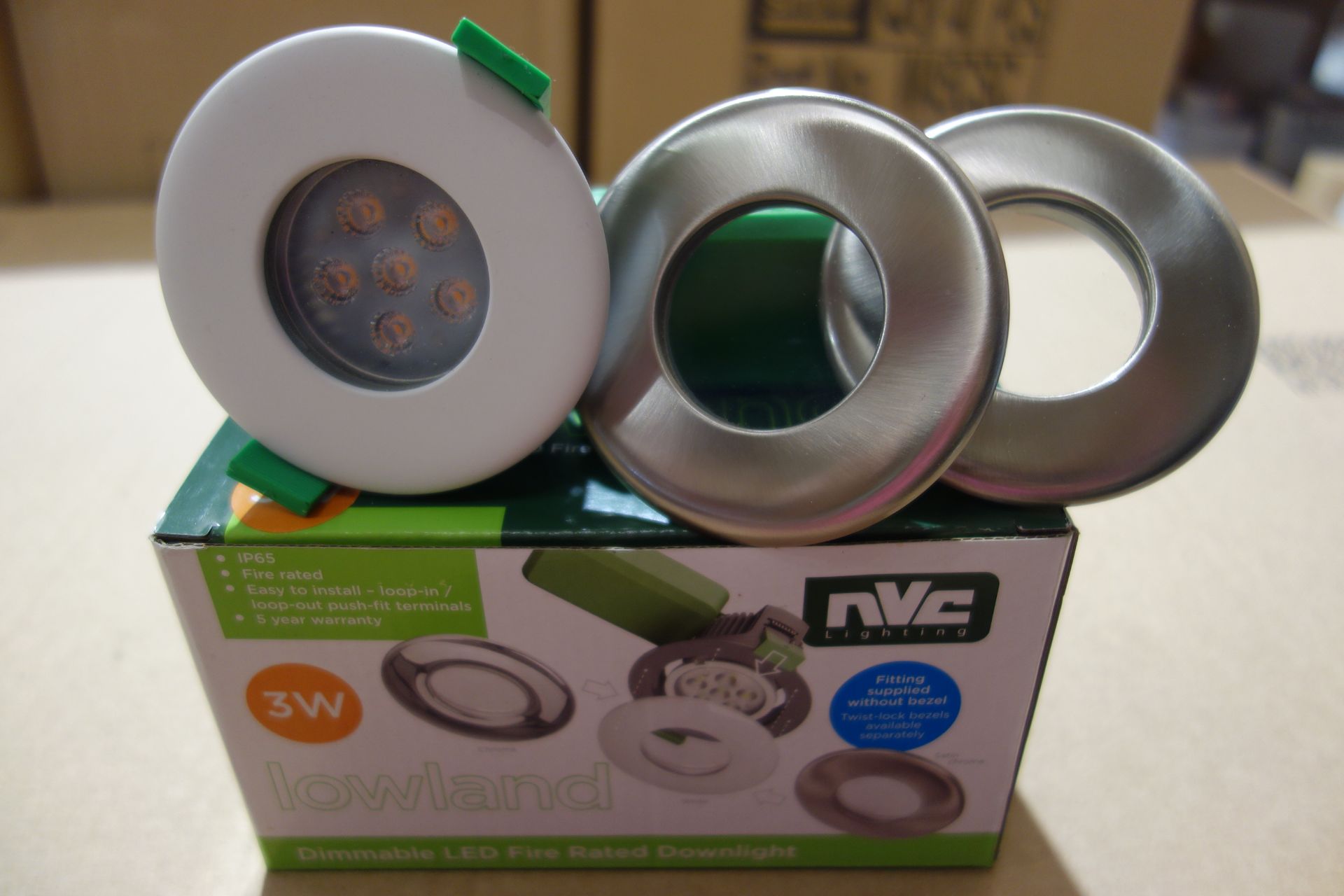 40 X NVC NLW3/MD/830 Lowland 3W LED Fire Rated Dimmable Downlights C/W Satin Chrome + White Bezels