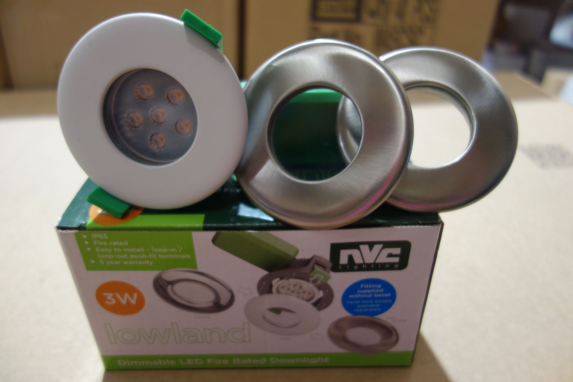 40 X NVC NLW3/MD/830 Lowland 3W LED Fire Rated Dimmable Downlights C/W Satin Chrome + White Bezels