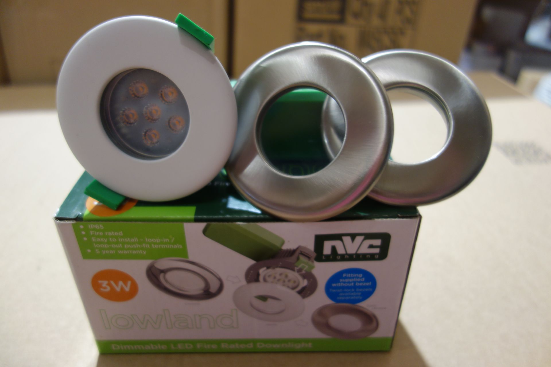 40 X NVC NLW3/MD/830 Lowland 3W LED Fire Rated Dimmable Downlights C/W Satin Chrome + White Bezels