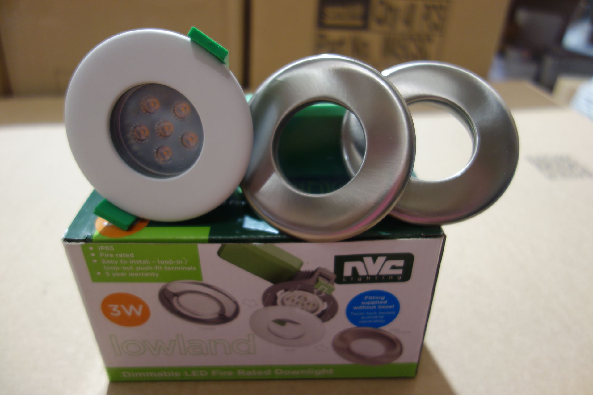 40 X NVC NLW3/MD/830 Lowland 3W LED Fire Rated Dimmable Downlights C/W Satin Chrome + White Bezels