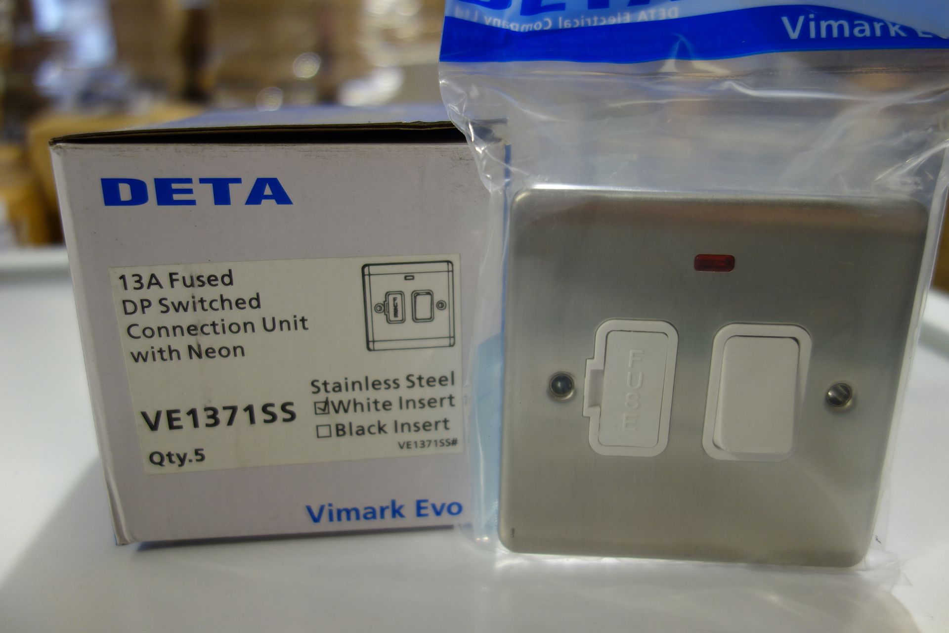50 X Deta VE1371SSW 13A Fused DP Switched Connection Unit With Neon Stainless Steel White Inserts
