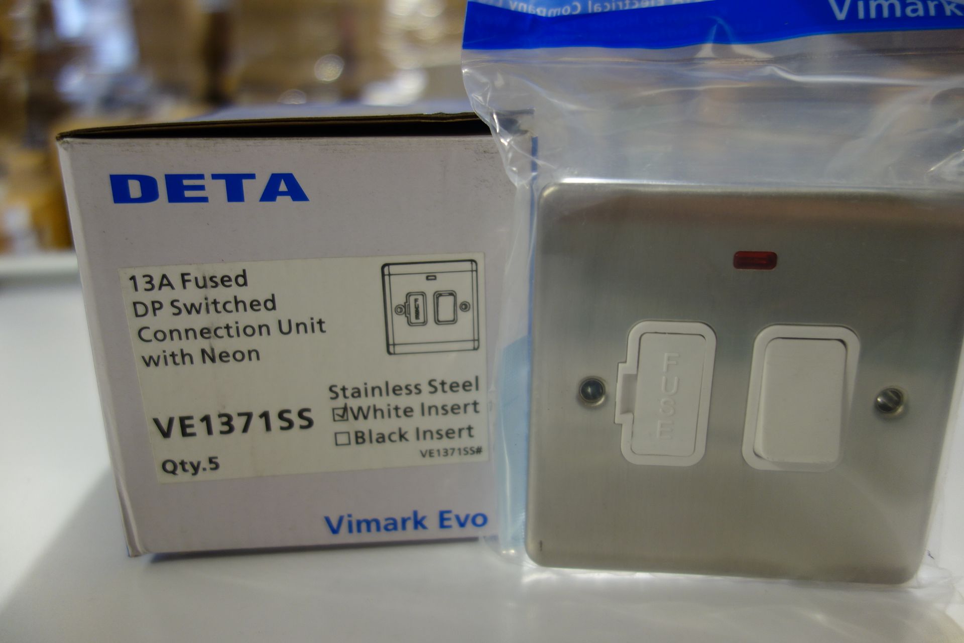50 X Deta VE1371SSW 13A Fused DP Switched Connection Unit With Neon Stainless Steel White Inserts
