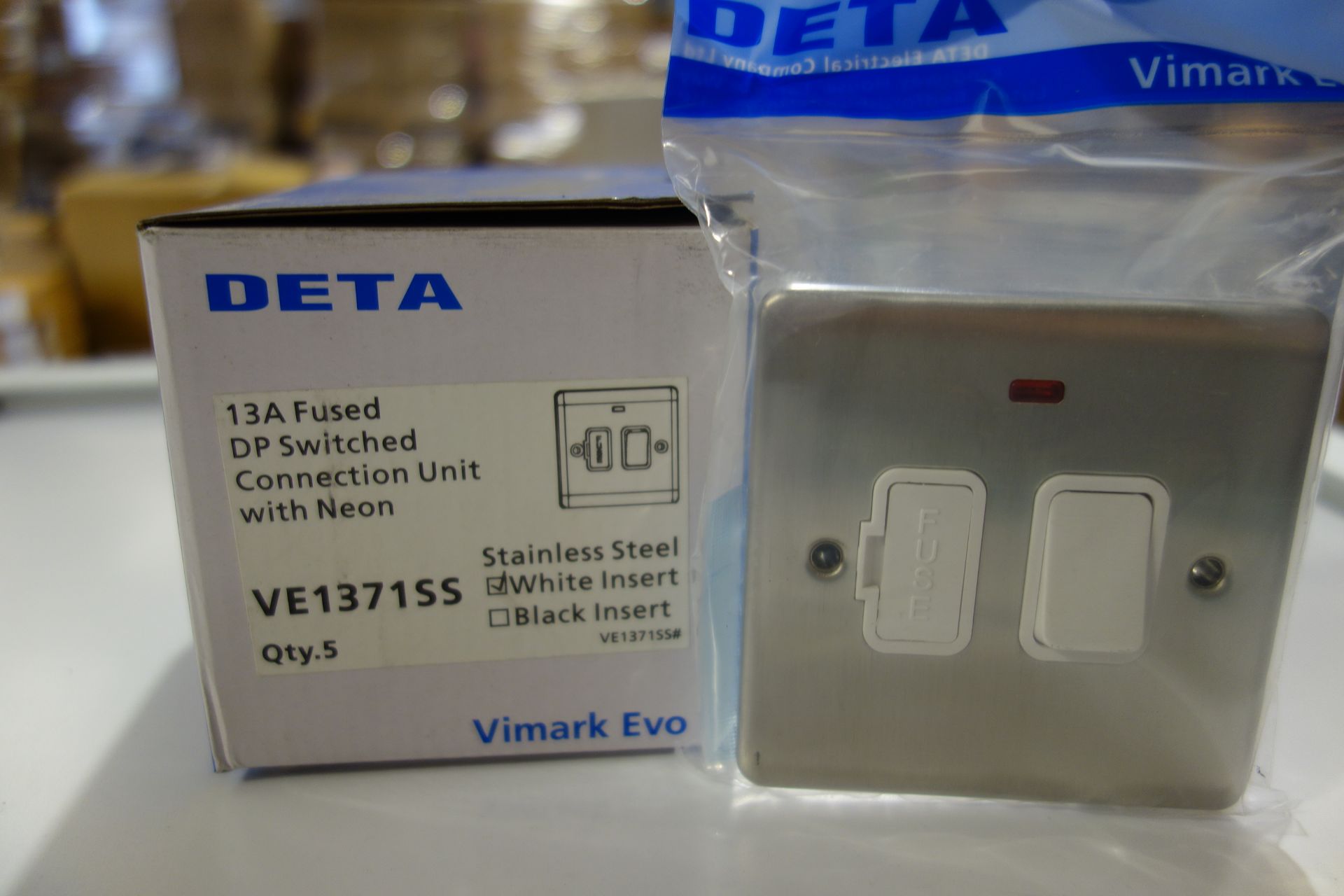 50 X Deta VE1371SSW 13A Fused DP Switched Connection Unit With Neon Stainless Steel White Inserts